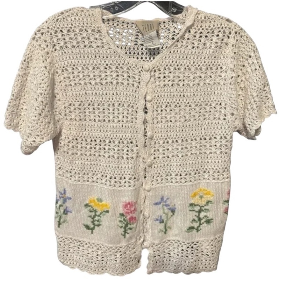Teddi Vintage Crocheted Open Lightweight Cross-stitched Cardigan Size M Floral